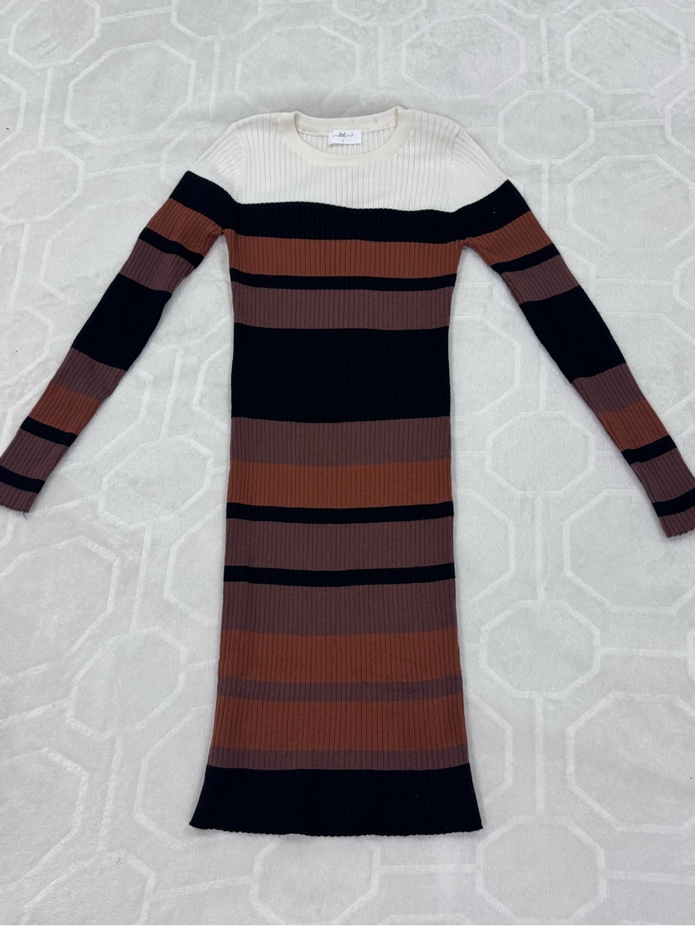Macy's Ribbed Long-Sleeve Striped Knit Dress - Cream, Black, Brown.